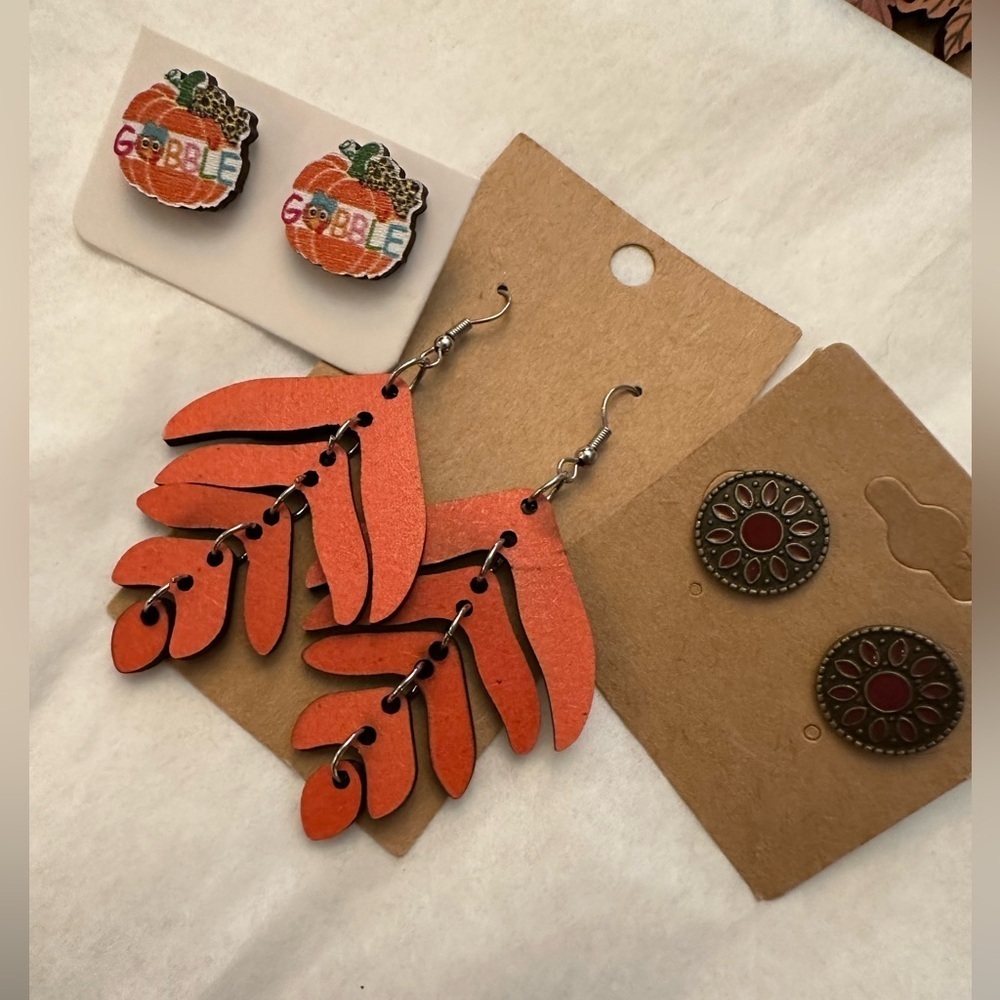 fall earring mix 3 pair🍁 pumpkin, gobble, wooden, red artisan